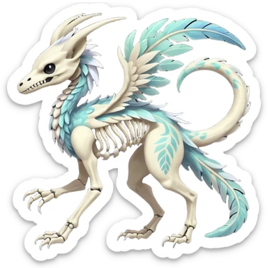 Rare realistic tribal patterned white whitish pastel colorful iridescent shiny glossy feathered skeletal badass epic handsome gorgeous aesthetic black-skulled Vernid-Trico-Sergal-Salandit-Nargacuga-species-Fakemon-creature by LiLaiRa, 4 legs, 1 tail, random markings, (full body) long ears sticker