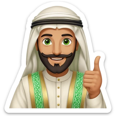 "Tanned Arab Saudi man with green eyes and a beard, wearing an agal and traditional attire, smiling happily and giving a big thumbs-u sticker