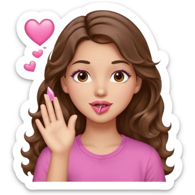 girl with long wavy brown hair, brown eyes, light to medium complexion, in a pink shirt, pink lips, long lashes, blowing a kiss sticker