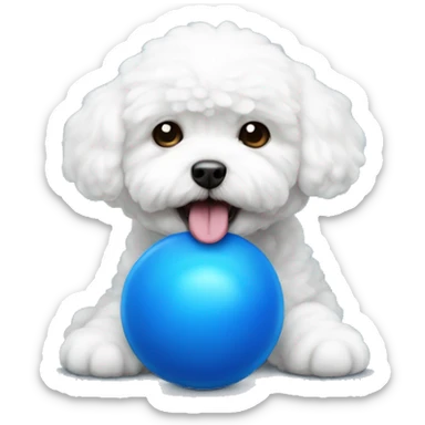 A bichon holding a blue ball in its mouth sticker