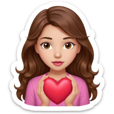girl with long wavy brown hair, brown eyes, light to medium complexion, in a pink shirt, pink lips, long lashes, squeezing a big heart sticker