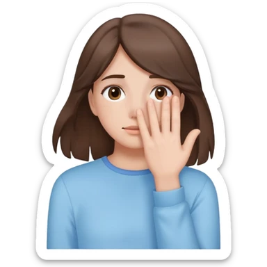 brunette girl with brown hair wearing pastel blue clothes covering her face with her hand sticker