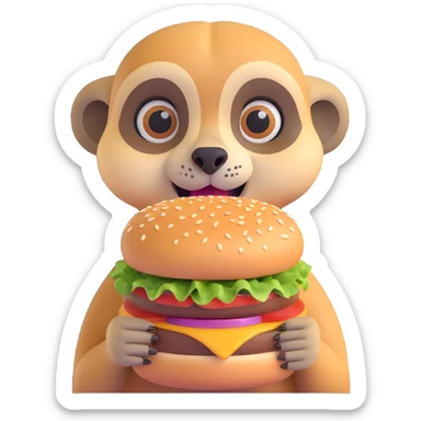 a meerkat face holding a burger in front of it, 3D emoji style sticker