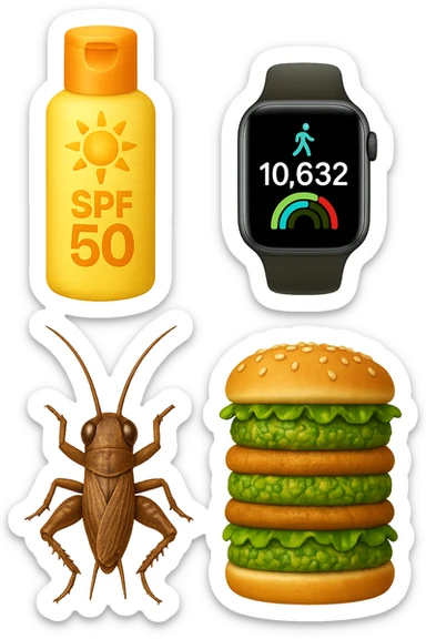 emoji stile iphone di una boccetta di CREMA SOLARE, UNO SMARTWATCH CONTAPASSI, UN GRILLO, UNA TORRETTA DI HAMBURGER FATTI CON I PISELLI, IPERREALISTICO 4K sticker