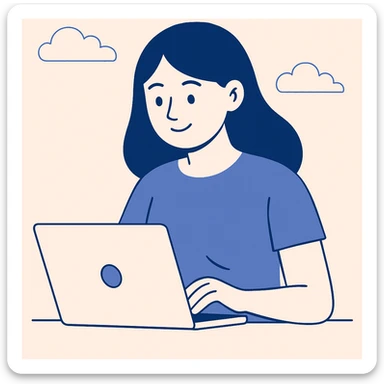 girl with black hair using a laptop, modern flat illustration sticker