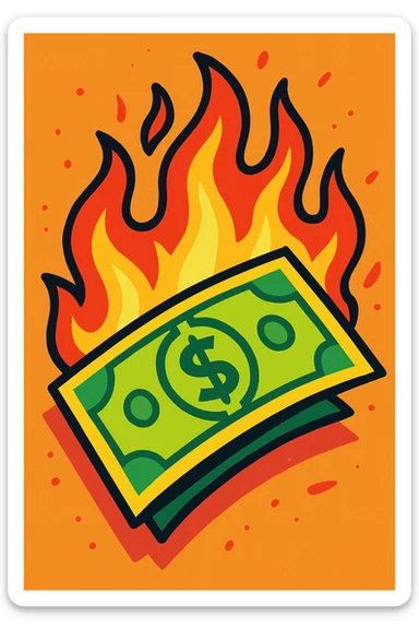 a dollar bill on fire, stylized, vibrant colors, dynamic and eye-catching illustration sticker