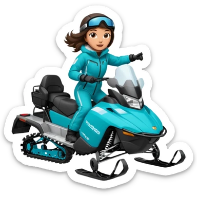 Can you create an emoji of a brunette girl on a teal polaris khaos 850 155 snowmobile doing a wheelie with snow flying sticker