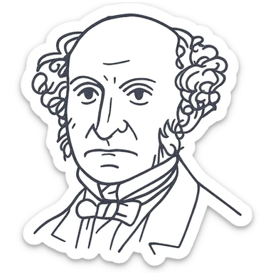 a hand drawn black outline portrait of philosopher John Stuart Mill with similar-sized eyes based a famous portrait of him, with fluffy hair sticker