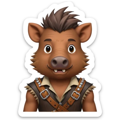 wild boar, punk hair, half body, standing, belt sticker