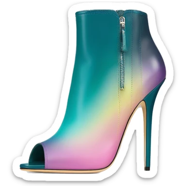 Realistic isolated front view of a pair of dark teal,pastel pink,pastel purple,and yellow ombre Jimmy Choo stiletto peep toe ankle boots. sticker