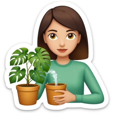 woman watering her monstera plant sticker
