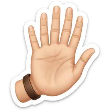 Hand with palm facing towards, fingers stretched holding down thumb and ring finger sticker