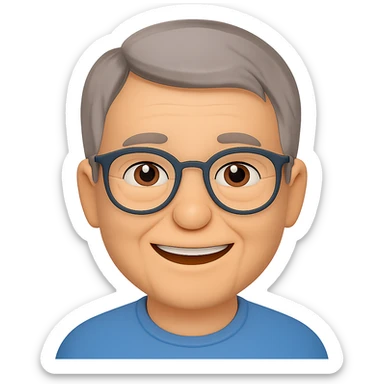 Make the middle aged Asian man look a little older with slightly gray hair, keep glasses, cheerful, in emoji style, no background. sticker