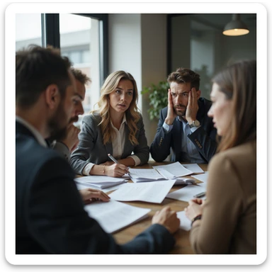 Group of colleagues arguing in an office, tense and frustrated expressions, scattered documents on the desk, work environment, hyperrealistic details, 4K resolution sticker