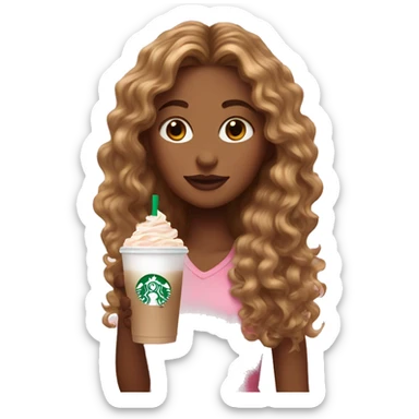 girl with brown and blonde ombré long curly hair holding Pink starbucks refresher sticker