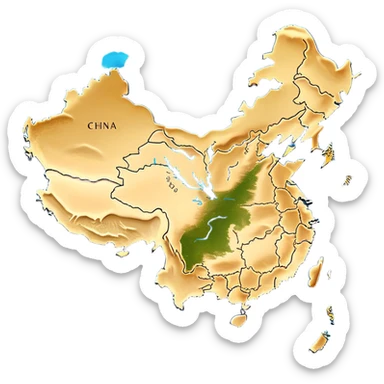 Cinematic-realistic outline of china, featuring its distinct landmass with accurately defined coastlines. The deep blue ocean surrounds the golden-brown continent, with subtle topographic shading to highlight its terrain. A soft glowing effect enhances the edges, making the shape stand out against a neutral, textured background. sticker