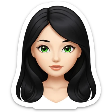 beautiful female memoji, very long jet black shiny hair, glowing skin, almond-shaped eyes, seductive and glamorous sticker