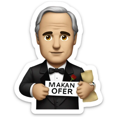 Marlon brando as the godfather holding a sign saying “Make an Offer” sticker