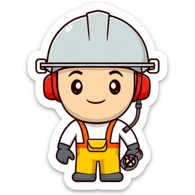 Male oil rig worker in uniform and helmet with safety gear, minimalist design with soft gradients in sky blue, teal green, white, and light gray sticker