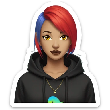 Lady with brunette and iridescent blue hair, gold, lime green dragon wings, black hoodie, bleach dyed, black and gold Nike t shirt, and bright red eyes sticker