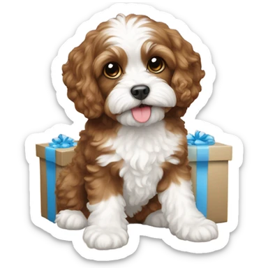 Brown and white cavapoo and new year gift box sticker