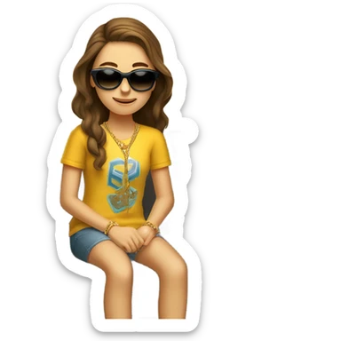 Funny Teen Caucasian girl sitting on couch with brown hair sunglasses and gold necklace  sticker