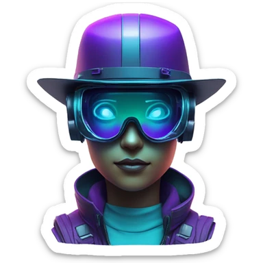 Secret humanoid agent in a futuristic hat with in Apple VR goggles headset code display on the goggles , cyberpunk, cyan and purple colors, only upper body portrait, front facing the camera  sticker