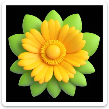 bright yellow flower with detailed petals and textured center, 3D iOS emoji style, leafy green background sticker