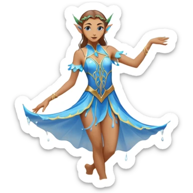 elf female dancer with water-like dress, graceful pose on wet sand, splashes, pointy ears, serene expression, centered emoji, ethereal blue colors sticker