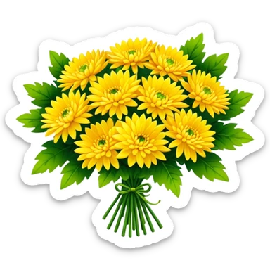 big bouquet Bright Yellow Chrysanthemum, luxuriant, leaf, bud sticker