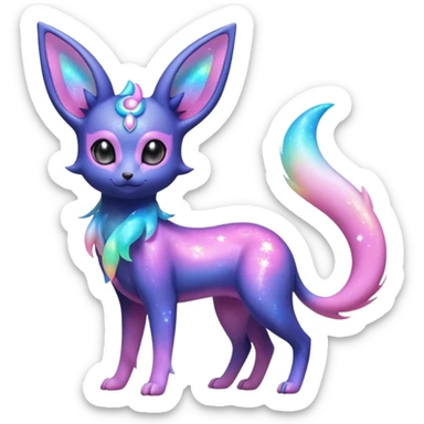 Shiny Iridescent Nebulae Espeon-Umbreon-Sylveon-Fakémon-hybrid-creature (full body)  with a galaxy-dust-flowing-gradient-tail sticker