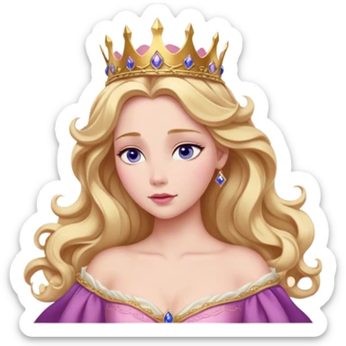 Cinematic Realistic Sleeping Beauty (Aurora) Portrait, with porcelain-like skin featuring a natural rosy flush, illuminated by soft lighting that highlights the gentle contours of her face. Her golden blonde hair flows in soft, detailed waves with subtle highlights that shimmer in the light. Her deep violet-blue eyes radiate warmth and innocence, framed by arched brows and long lashes. Her serene expression exudes quiet elegance. She is dressed in her classic pink gown, the fabric rich in texture with delicate folds that catch the light. A golden crown rests atop her head, gleaming with royal refinement. The portrait captures a soft, glowing aura, blending realism with an ethereal sense of beauty and timeless enchantment. sticker