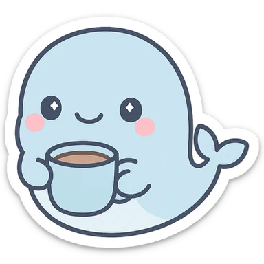 cute whale holding a cup of coffee in a blue cup, charming and friendly style sticker