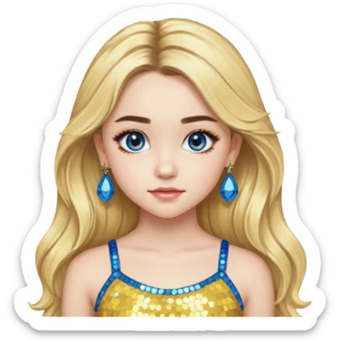 Sabrina Carpenter with long blonde hair, yellow sequin crop top, yellow earring, blue eye sticker