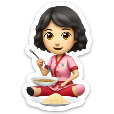 Women eating risotto with a spoon on tea wearing pink uniform with japanese kanji and wearing a red big shoes sticker