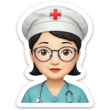 OLD ASIAN WOMAN WITH GLASSES, NURSE SCRUBS, CAP, BLACK HAIR, CHUBBY sticker