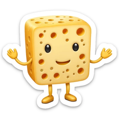 A cheese with arms and legs and a gritted face sticker