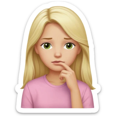 blonde with long hair and swamp-colored eyes, wearing a pastel pink shirt, thoughtful expression, hand on chin, iOS Apple emoji style sticker