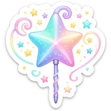 Cinematic cute magical wand, pastel swirls of color, tiny twinkling stars floating around, glowing softly, chubby rounded edges, whimsical and dreamy. sticker