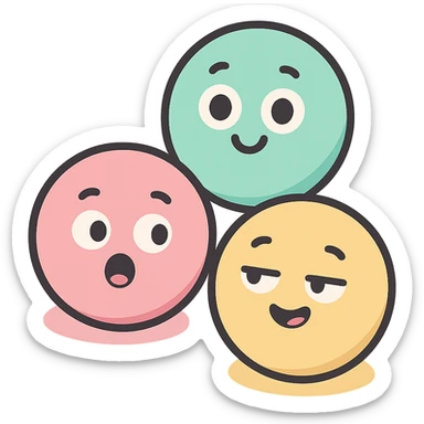 group of three pastel candy pastilles, different soft colors, rounded shapes, subtle shading, minimal details, icon style sticker