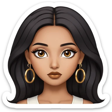 indian girl, brown skin, long black voluminous hair, brown underneath colored hair, baddie,pretty, makeup, lipliner, black eyeliner, gold hoop earrings, white top sticker