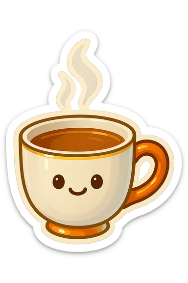 Hermès-style ceramic cup of tea, minimal design, Hermès orange handle, gold rim, cute emoji style, with steam, on white or transparent background sticker