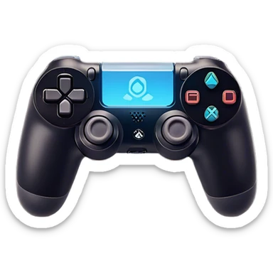 Clash of Clans aesthetic: Cinematic Playful PlayStation 4 DualShock Controller Portrait Emoji, rendered in a 3D vector-style similar to standard emojis with minimal shading and bold, simplified shapes. A compact, distinct form with signature details, softly glowing with a cutting-edge console technology charm. Simplified yet unmistakably iconic, highly detailed and consistent, glowing with a soft radiance and high shine. Stylized with a touch of technological advancement and a soft glowing outline, capturing the essence of a beloved gaming relic with a friendly, playful manner! sticker