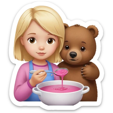 A little blonde girl stirring pink soup with a brown bear next to her sticker