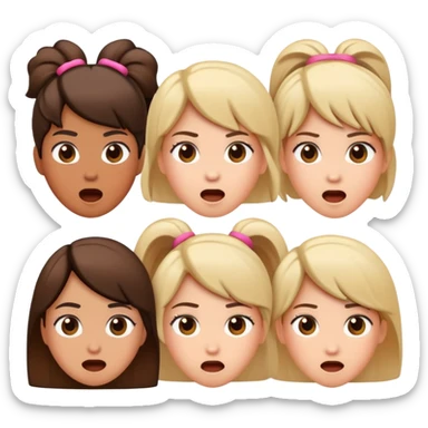 Surprised expression with exclamation mark, then three girl emojis in different hairstyles sticker