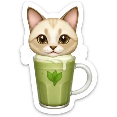 Happy Siamese Cat holding in its paws an iced matcha latte sticker