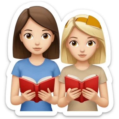 Two beautiful girls read book. Brunette and blonde in beige T-shirts  sticker