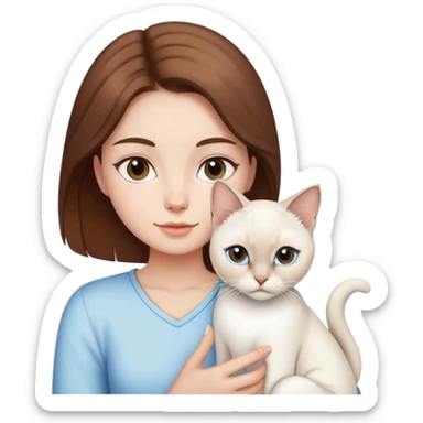 ios emoji: brown hair girl with white siamese cat sticker
