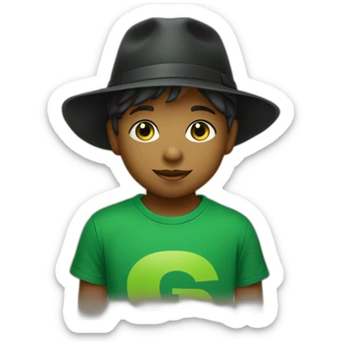 A child with green eyes, wearing a black Sun hat  and a green T-shirt with a black letter “G” on T.Shirt sticker
