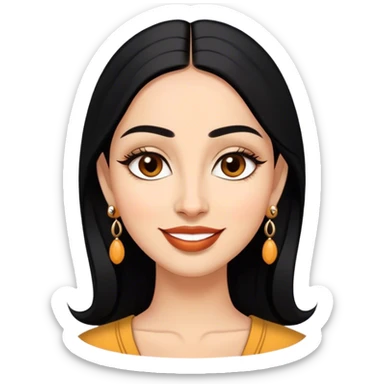 Oval face, warm medium skin, large almond-shaped dark brown eyes, naturally arched eyebrows, full lips, long sleek black hair, small black bindi, statement earrings, and a confident smile. sticker